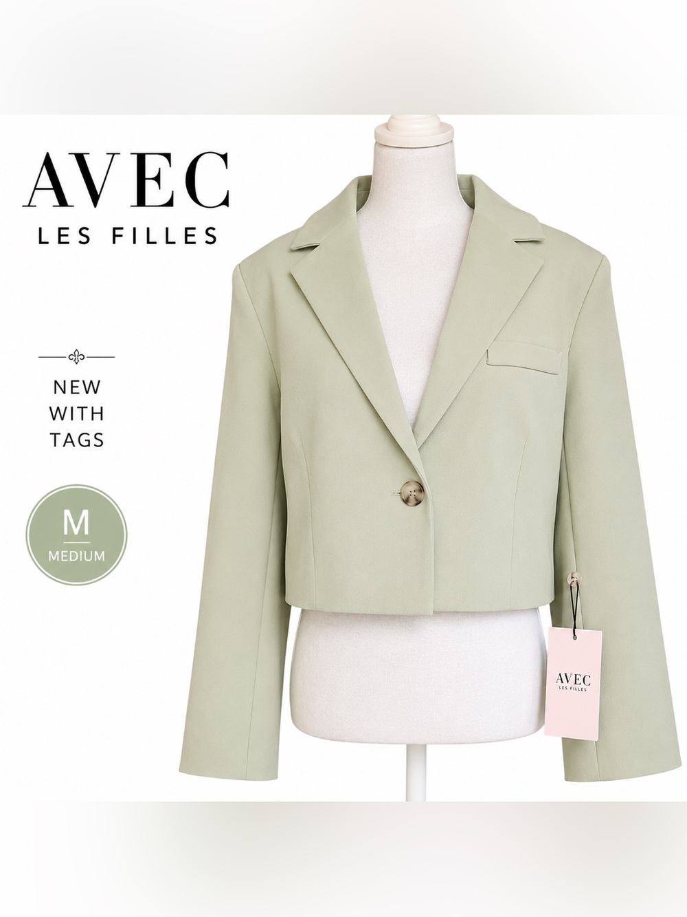 Avec Les Filles Cropped Single-Button Blazer in Sage NWT